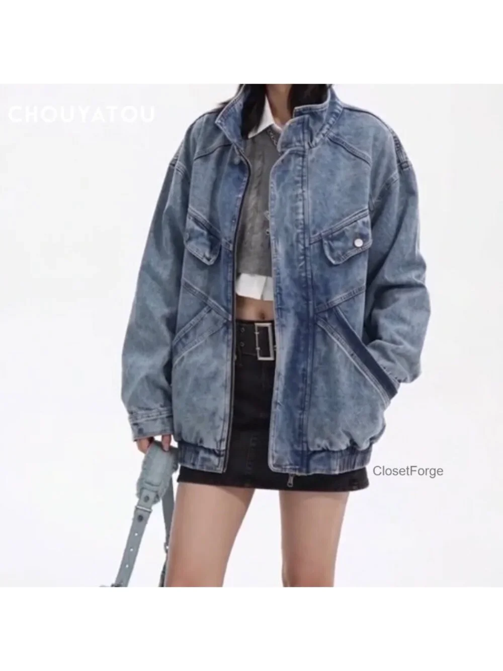 Oversized Stand Collar Shacket Jean Jacket Zip Up Distressed Frayed Denim